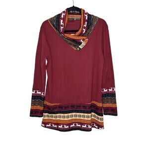 Miusey Burgundy Red Fair Isle Cowl Neck Tunic Sweater Gold Button Women L Casual